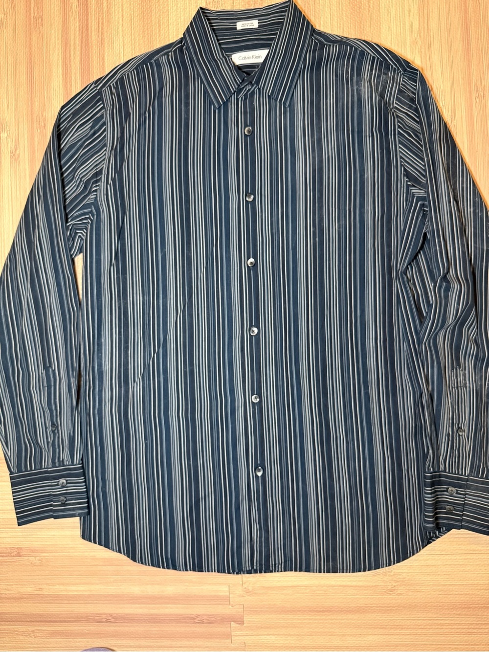 Calvin Klein Mens Large Navy Striped Button Front Dress Shirt Cotton